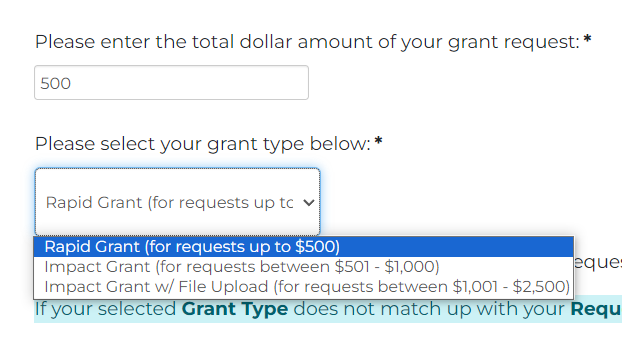 Screenshots displaying the difference between selecting the grant type with the proper amount.